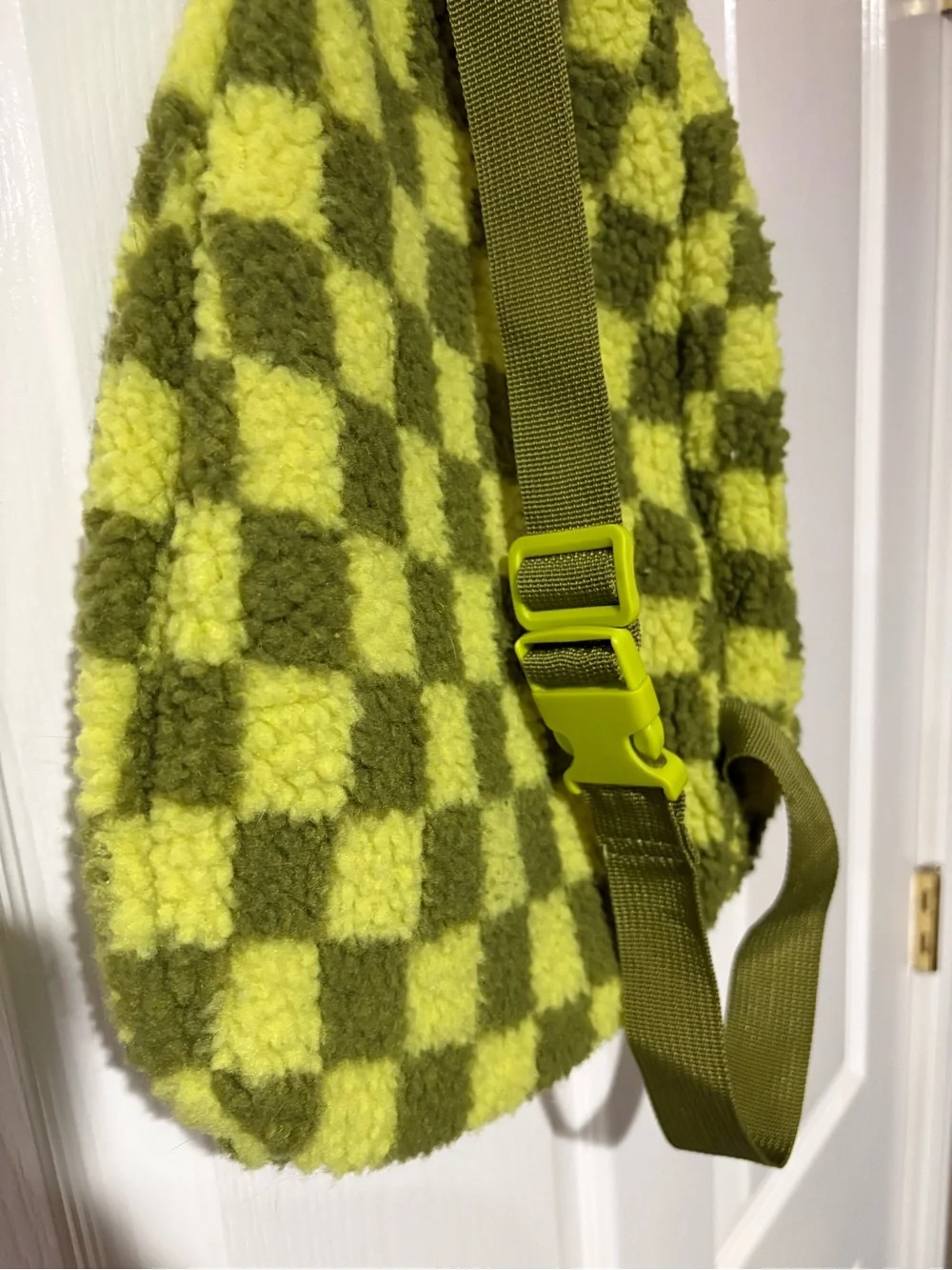 Checkerboard Olive Green Sherpa Crossbody Sling Bag
